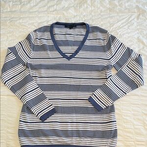 Tommy Hilfiger Blue and White Striped V-Neck Sweater